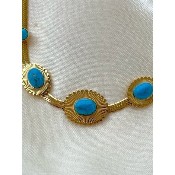 18K Gold plated Turquoise Herringbone necklace Stainless Steel womens jewelry - Picture 6 of 11